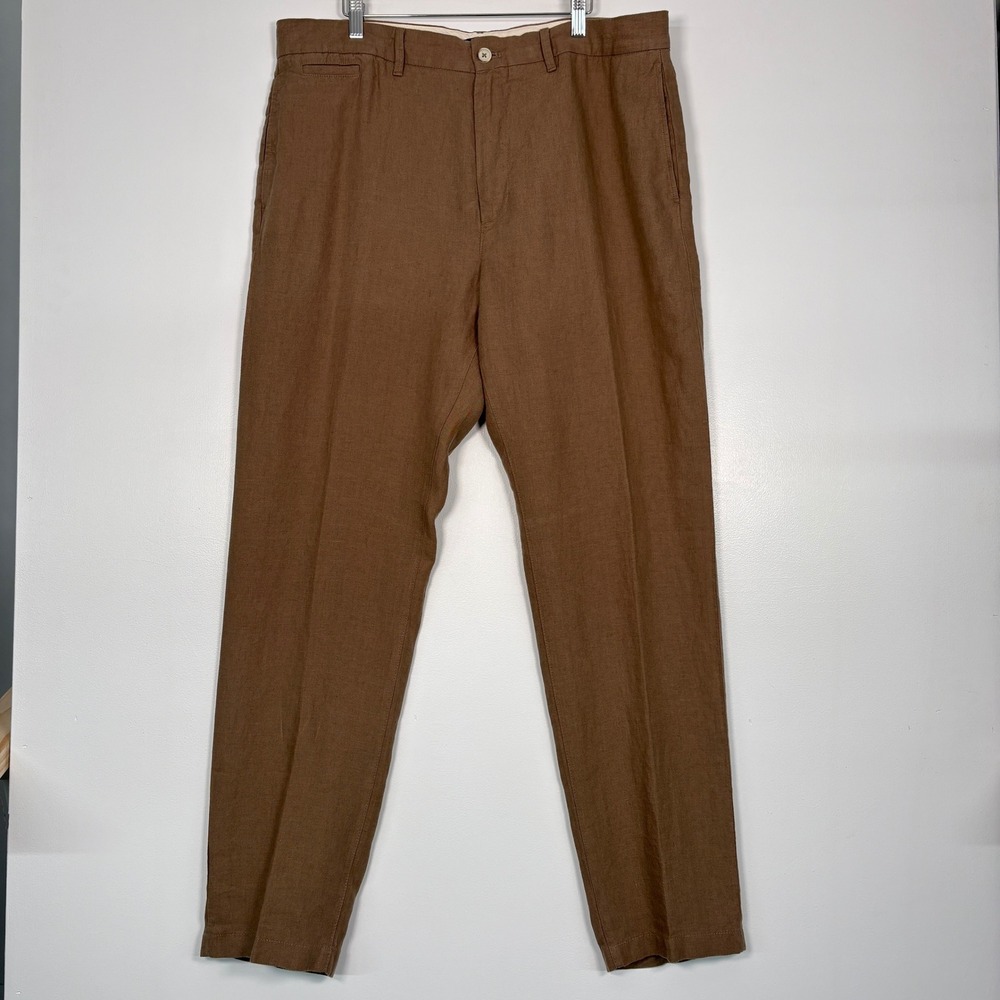 Boggi Milano Men Pants 38 Brown 100% Linen Leo Flat Front Trousers Sustainable